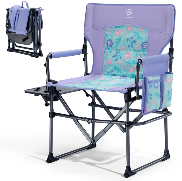 Main image of Camping Directors' Chair with Side Table, Portable Folding with Compact Size, Heavy Duty Lawn Chair with Pocket for Camping, Lawn, Sports and Fishing, 400lbs, Purple