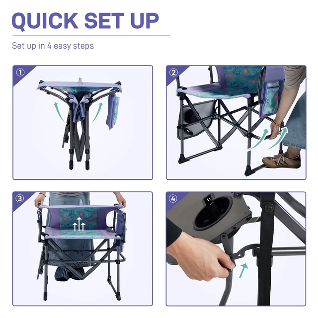 Alt view image 4 of 7 - Camping Directors' Chair with Side Table, Portable Folding with Compact Size, Heavy Duty Lawn Chair with Pocket for Camping, Lawn, Sports and Fishing, 400lbs, Purple