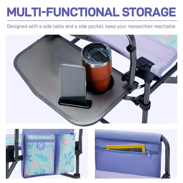 Alt view image 5 of 7 - Camping Directors' Chair with Side Table, Portable Folding with Compact Size, Heavy Duty Lawn Chair with Pocket for Camping, Lawn, Sports and Fishing, 400lbs, Purple