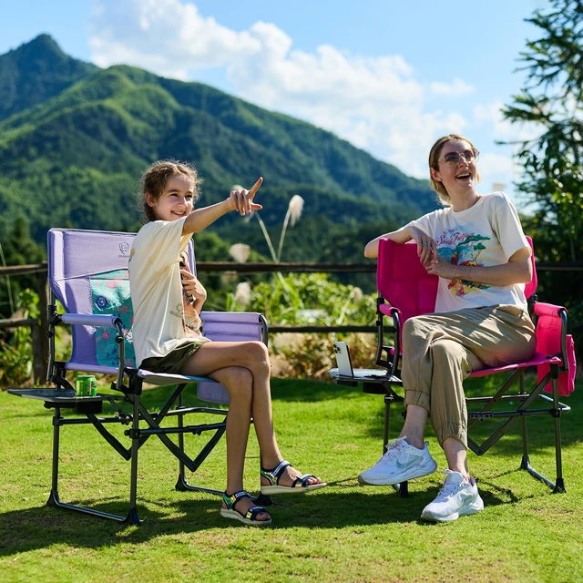 Alt view image 6 of 7 - Camping Directors' Chair with Side Table, Portable Folding with Compact Size, Heavy Duty Lawn Chair with Pocket for Camping, Lawn, Sports and Fishing, 400lbs, Purple
