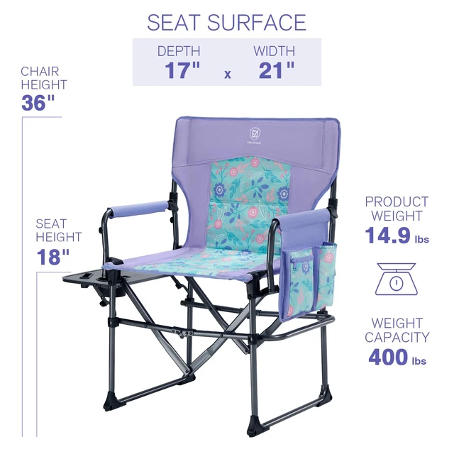 Alt view image 7 of 7 - Camping Directors' Chair with Side Table, Portable Folding with Compact Size, Heavy Duty Lawn Chair with Pocket for Camping, Lawn, Sports and Fishing, 400lbs, Purple