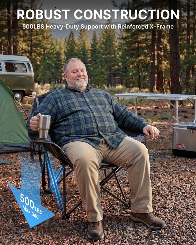 Alt view image 2 of 7 - Oversized Camping Chairs for Adults, 500lbs Portable Lawn Chair | Heavy Duty Padded Folding Chair, 40.2" Wide Seat, 600D Fabric, Side Pocket Cup Holder, for Outdoor Sports Patio Beach Fishing
