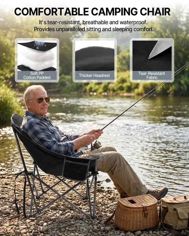 Alt view image 3 of 7 - Oversized Camping Chairs for Adults, 500lbs Portable Lawn Chair | Heavy Duty Padded Folding Chair, 40.2" Wide Seat, 600D Fabric, Side Pocket Cup Holder, for Outdoor Sports Patio Beach Fishing