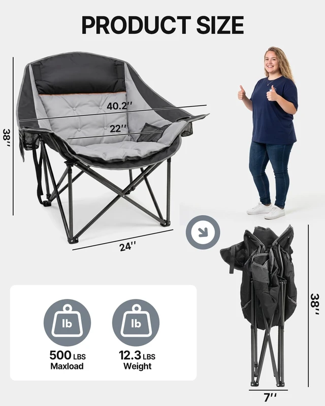 Alt view image 6 of 7 - Oversized Camping Chairs for Adults, 500lbs Portable Lawn Chair | Heavy Duty Padded Folding Chair, 40.2" Wide Seat, 600D Fabric, Side Pocket Cup Holder, for Outdoor Sports Patio Beach Fishing