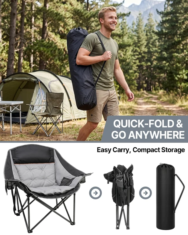 Alt view image 7 of 7 - Oversized Camping Chairs for Adults, 500lbs Portable Lawn Chair | Heavy Duty Padded Folding Chair, 40.2" Wide Seat, 600D Fabric, Side Pocket Cup Holder, for Outdoor Sports Patio Beach Fishing
