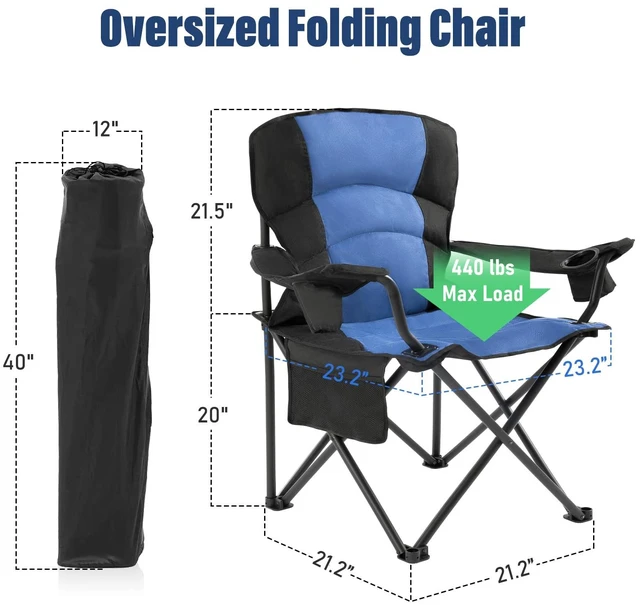 Alt view image 2 of 7 - Oversized Folding Camping Chair Outdoor, Heavy Duty Foldable Lawn chair for Adults Support 440lbs, Collapsible Large Padded Camp Chair with Cup Holder&Carry Bag for Fishing Outside Sports Picnic(Navy)