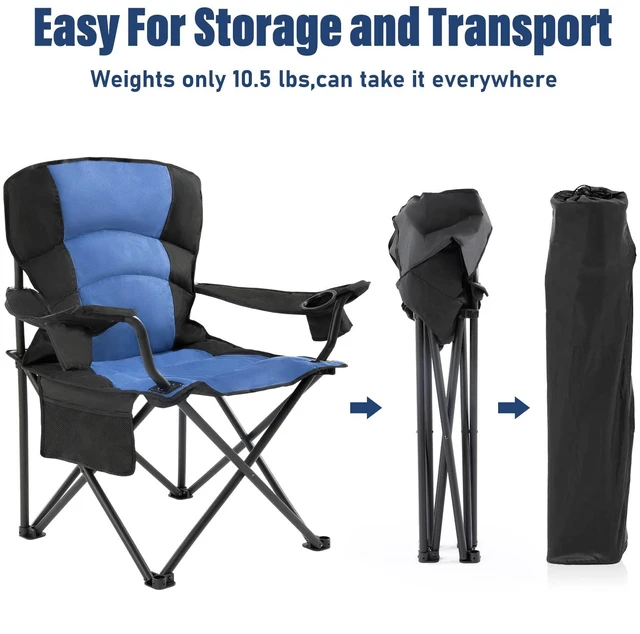 Alt view image 3 of 7 - Oversized Folding Camping Chair Outdoor, Heavy Duty Foldable Lawn chair for Adults Support 440lbs, Collapsible Large Padded Camp Chair with Cup Holder&Carry Bag for Fishing Outside Sports Picnic(Navy)