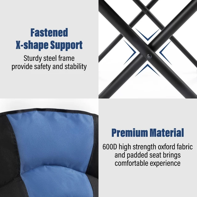 Alt view image 5 of 7 - Oversized Folding Camping Chair Outdoor, Heavy Duty Foldable Lawn chair for Adults Support 440lbs, Collapsible Large Padded Camp Chair with Cup Holder&Carry Bag for Fishing Outside Sports Picnic(Navy)