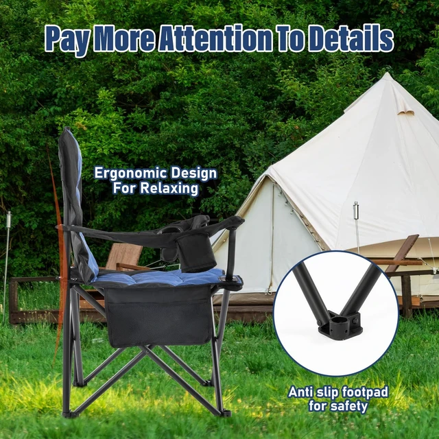 Alt view image 6 of 7 - Oversized Folding Camping Chair Outdoor, Heavy Duty Foldable Lawn chair for Adults Support 440lbs, Collapsible Large Padded Camp Chair with Cup Holder&Carry Bag for Fishing Outside Sports Picnic(Navy)