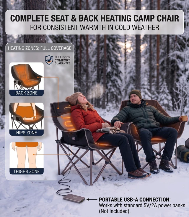 Alt view image 2 of 7 - XL Oversized Heated Padded Camping Chair for Adults | Extra-Wide Seat,Thick Cushioning,3 Heat Levels,No Battery Included,500 LBS Cap,Portable for Campfire Outdoor& Road Trip