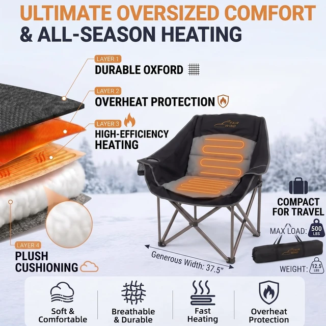 Alt view image 3 of 7 - XL Oversized Heated Padded Camping Chair for Adults | Extra-Wide Seat,Thick Cushioning,3 Heat Levels,No Battery Included,500 LBS Cap,Portable for Campfire Outdoor& Road Trip