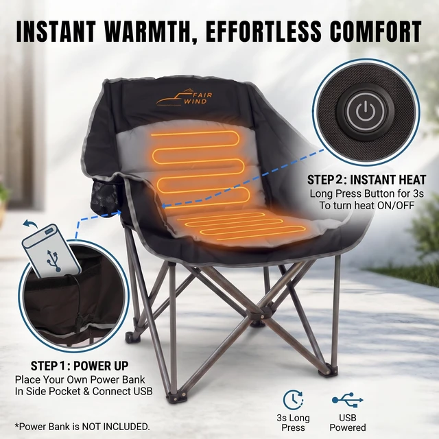 Alt view image 5 of 7 - XL Oversized Heated Padded Camping Chair for Adults | Extra-Wide Seat,Thick Cushioning,3 Heat Levels,No Battery Included,500 LBS Cap,Portable for Campfire Outdoor& Road Trip