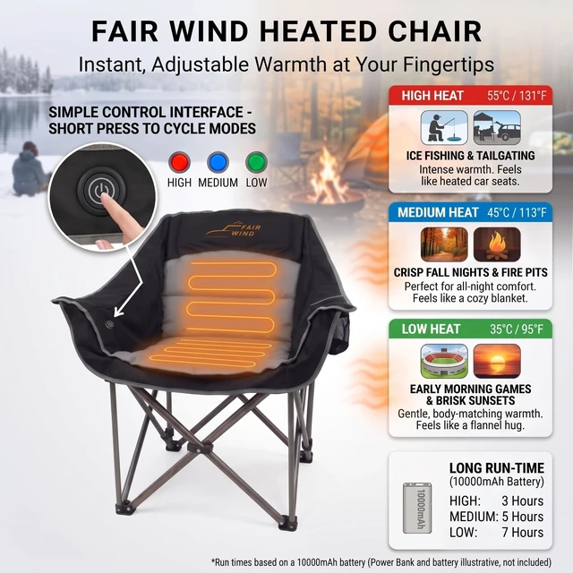Alt view image 6 of 7 - XL Oversized Heated Padded Camping Chair for Adults | Extra-Wide Seat,Thick Cushioning,3 Heat Levels,No Battery Included,500 LBS Cap,Portable for Campfire Outdoor& Road Trip