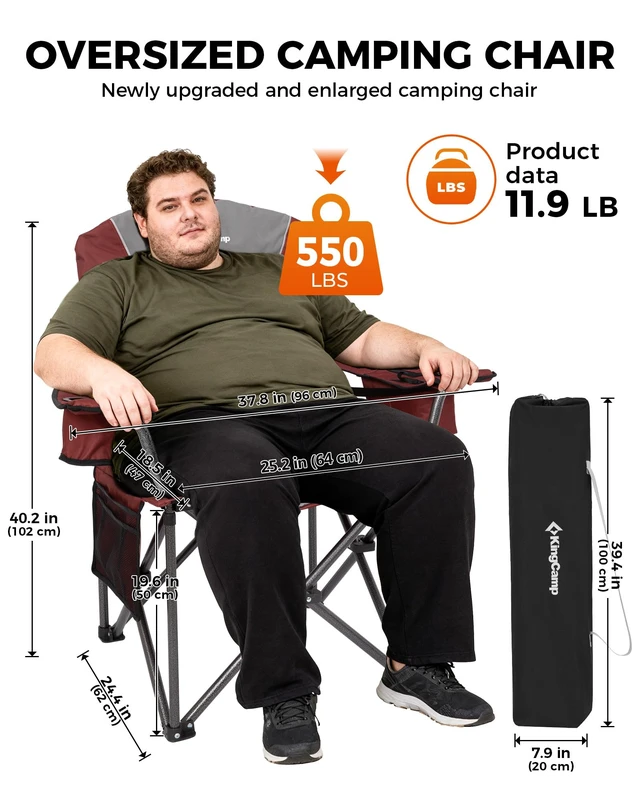 Alt view image 2 of 7 - Oversized Camping Chair, 550lb Heavy Duty with Lumbar Support | Padded Folding chair, Cooler Bag, Cup Holder & Side Pocket for Camp, Fishing, Sports Event, Backyard, Patio, Lawn