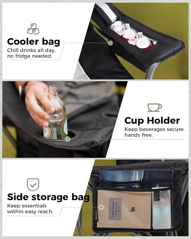Alt view image 4 of 7 - Oversized Camping Chair, 550lb Heavy Duty with Lumbar Support | Padded Folding chair, Cooler Bag, Cup Holder & Side Pocket for Camp, Fishing, Sports Event, Backyard, Patio, Lawn