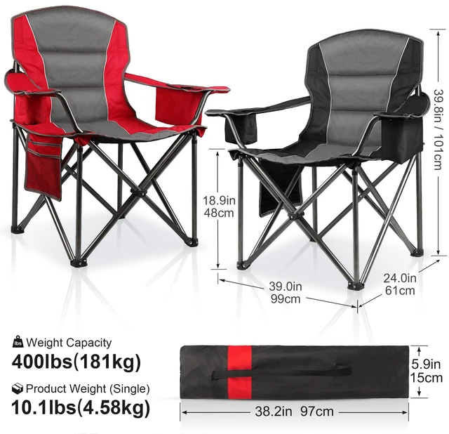 Alt view image 2 of 6 - 2 Pack Padded Oversized Camping Chairs for Adults,Heavy Duty Support 400 Lbs,Folding Portable Lawn Chair w/Cup Holder,Cooler Bag,Side Pocket,Perfect for Outdoor Picnic,Hiking(Red&Black)