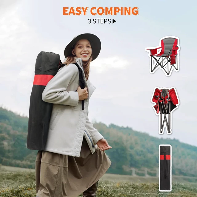 Alt view image 5 of 6 - 2 Pack Padded Oversized Camping Chairs for Adults,Heavy Duty Support 400 Lbs,Folding Portable Lawn Chair w/Cup Holder,Cooler Bag,Side Pocket,Perfect for Outdoor Picnic,Hiking(Red&Black)