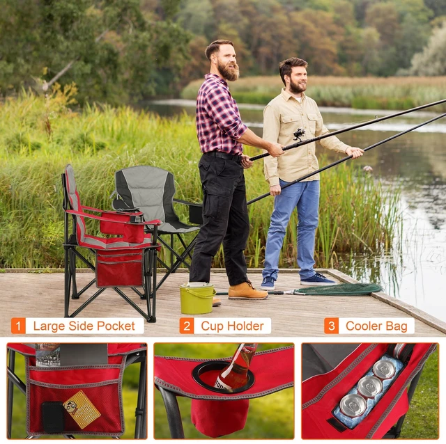 Alt view image 6 of 6 - 2 Pack Padded Oversized Camping Chairs for Adults,Heavy Duty Support 400 Lbs,Folding Portable Lawn Chair w/Cup Holder,Cooler Bag,Side Pocket,Perfect for Outdoor Picnic,Hiking(Red&Black)