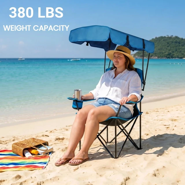 Alt view image 2 of 7 - Oversized Canopy Camping Chair 380 LBS Capacity | 600D Oxford Fabric, Backpack Design, 50+ UPF Sunshade, Folding Lawn Chair for Beach, Fishing & Sports
