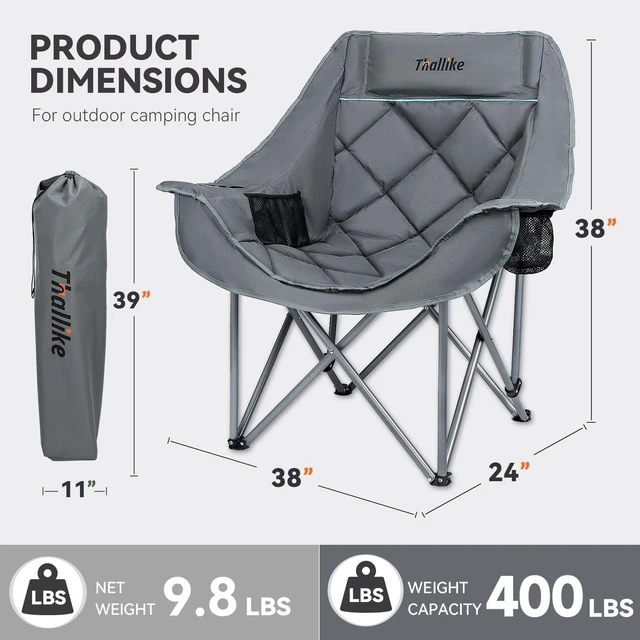 Alt view image 3 of 7 - Oversized Camping Chair for Adults Heavy Duty Folding Chair with Cup Holders, Storage Pocket & Carry Bag Outdoor Padded Camp Chair for Backyard, Fishing & Sports Supports 400lbs (Grey)