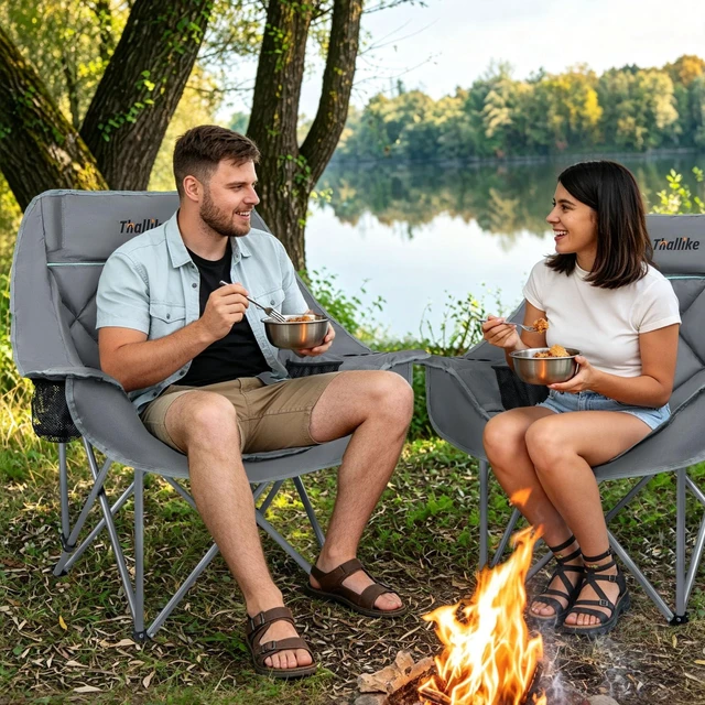 Alt view image 2 of 7 - Oversized Camping Chair for Adults Heavy Duty Folding Chair with Cup Holders, Storage Pocket & Carry Bag Outdoor Padded Camp Chair for Backyard, Fishing & Sports Supports 400lbs (Grey)