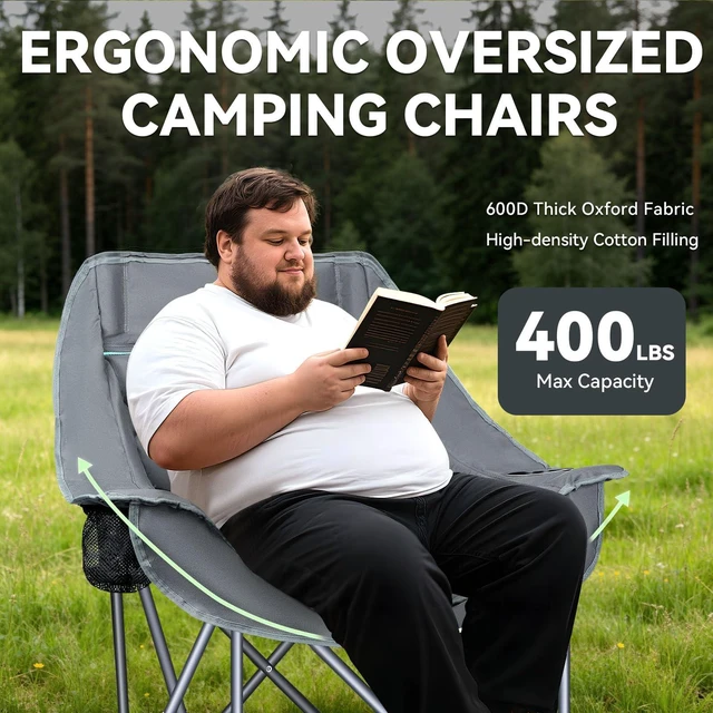 Alt view image 5 of 7 - Oversized Camping Chair for Adults Heavy Duty Folding Chair with Cup Holders, Storage Pocket & Carry Bag Outdoor Padded Camp Chair for Backyard, Fishing & Sports Supports 400lbs (Grey)