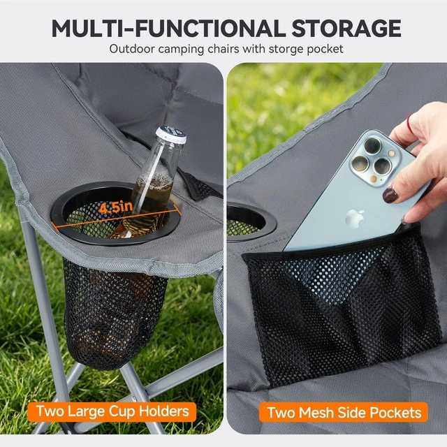 Alt view image 6 of 7 - Oversized Camping Chair for Adults Heavy Duty Folding Chair with Cup Holders, Storage Pocket & Carry Bag Outdoor Padded Camp Chair for Backyard, Fishing & Sports Supports 400lbs (Grey)