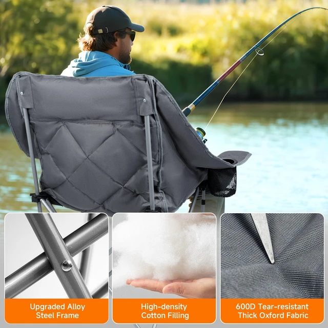Alt view image 7 of 7 - Oversized Camping Chair for Adults Heavy Duty Folding Chair with Cup Holders, Storage Pocket & Carry Bag Outdoor Padded Camp Chair for Backyard, Fishing & Sports Supports 400lbs (Grey)