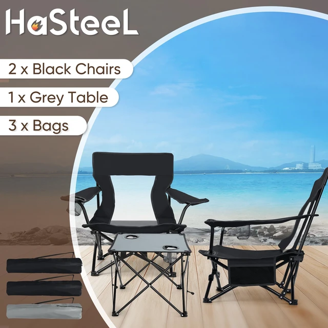 Alt view image 2 of 7 - Low Beach Chairs, 3Pcs Folding Camping Chairs with Table - Black | Lawn Chair Set for Adults Fishing, Picnic, Outdoor, Travel, Sports, Cup Holder & Storage Bag, No Assembly Required