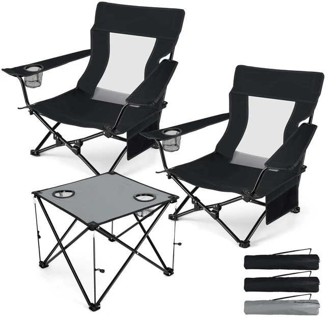 Main image of Low Beach Chairs, 3Pcs Folding Camping Chairs with Table - Black | Lawn Chair Set for Adults Fishing, Picnic, Outdoor, Travel, Sports, Cup Holder & Storage Bag, No Assembly Required