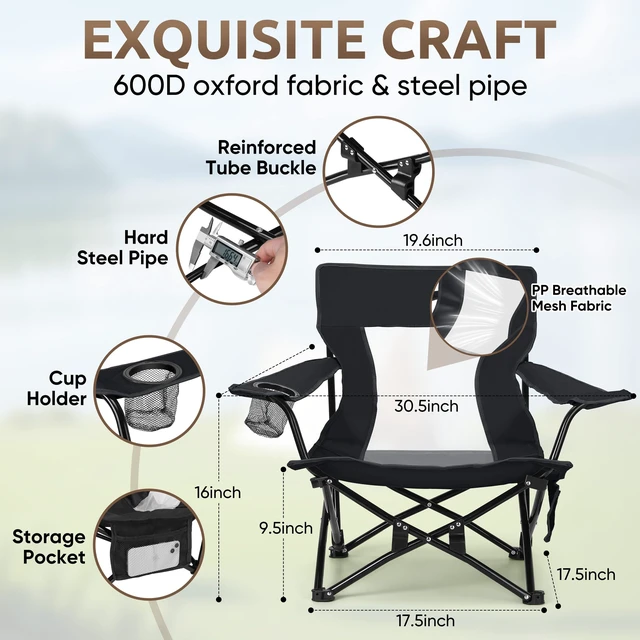 Alt view image 3 of 7 - Low Beach Chairs, 3Pcs Folding Camping Chairs with Table - Black | Lawn Chair Set for Adults Fishing, Picnic, Outdoor, Travel, Sports, Cup Holder & Storage Bag, No Assembly Required