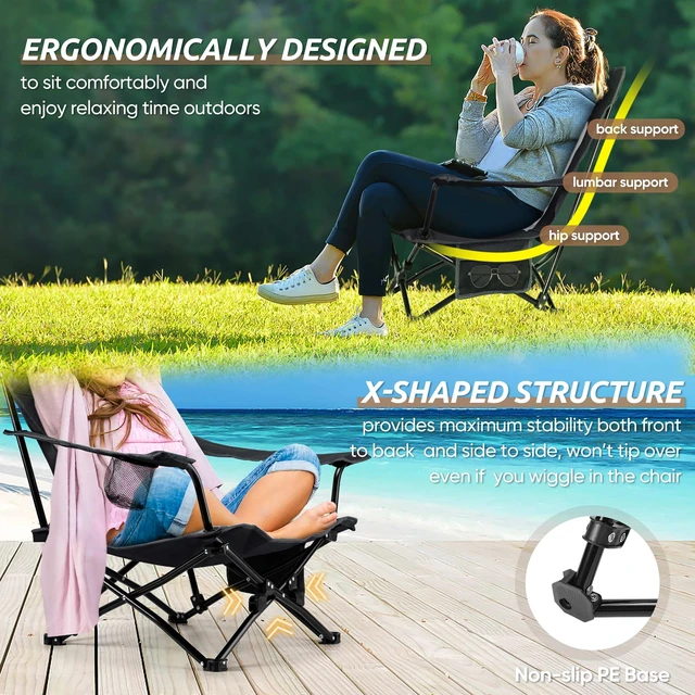 Alt view image 5 of 7 - Low Beach Chairs, 3Pcs Folding Camping Chairs with Table - Black | Lawn Chair Set for Adults Fishing, Picnic, Outdoor, Travel, Sports, Cup Holder & Storage Bag, No Assembly Required