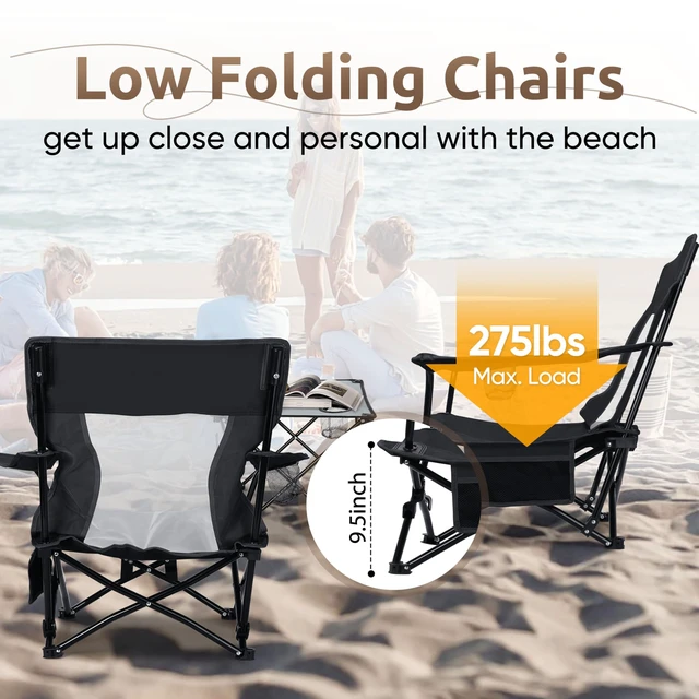 Alt view image 7 of 7 - Low Beach Chairs, 3Pcs Folding Camping Chairs with Table - Black | Lawn Chair Set for Adults Fishing, Picnic, Outdoor, Travel, Sports, Cup Holder & Storage Bag, No Assembly Required