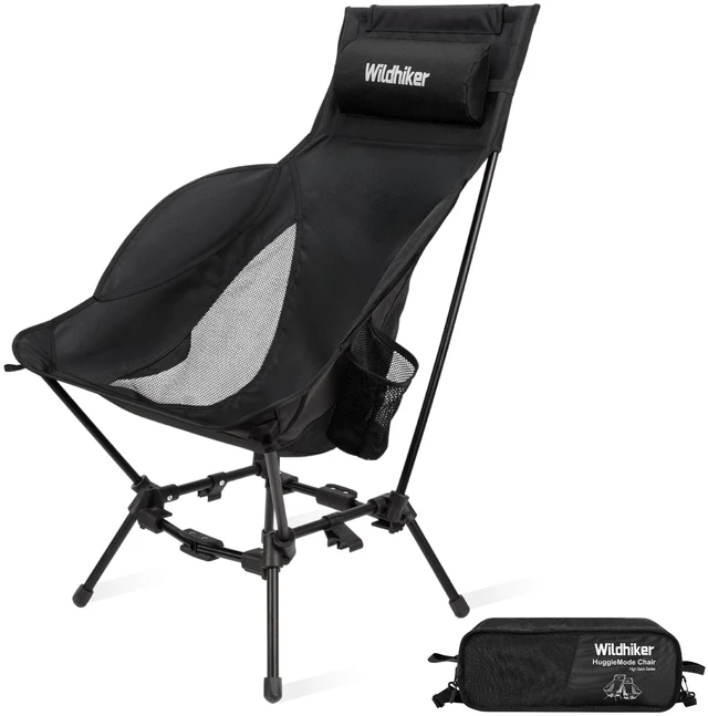 Main image of HuggleMode High Back Folding Camping Chair, 2 Seat Heights -Black | Portable for campfires and sidelines, packs down small, 2 seat heights, easy to carry for beaches and backyards.