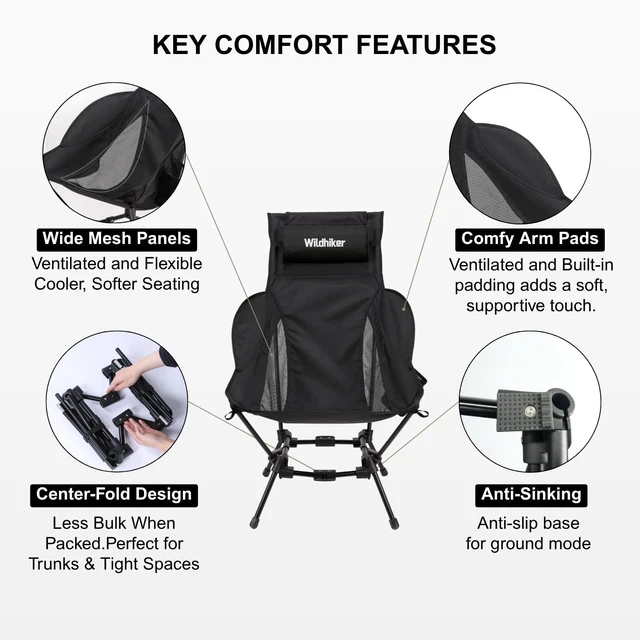 Alt view image 7 of 7 - HuggleMode High Back Folding Camping Chair, 2 Seat Heights -Black | Portable for campfires and sidelines, packs down small, 2 seat heights, easy to carry for beaches and backyards.