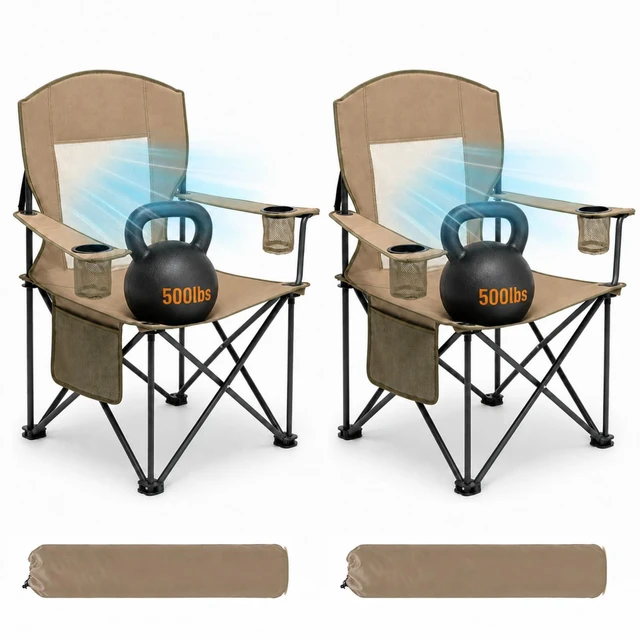 Main image of Oversized Camping Chair for Adults, Heavy Duty Folding Outdoor Chair Breathable Mesh, Cup Holders, Side Pocket, Bottle Opener, 500 LB Capacity, Portable for Beach Fishing Khaki 2PC