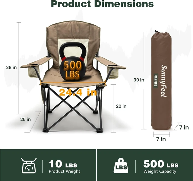 Alt view image 2 of 7 - Oversized Camping Chair for Adults, Heavy Duty Folding Outdoor Chair Breathable Mesh, Cup Holders, Side Pocket, Bottle Opener, 500 LB Capacity, Portable for Beach Fishing Khaki 2PC
