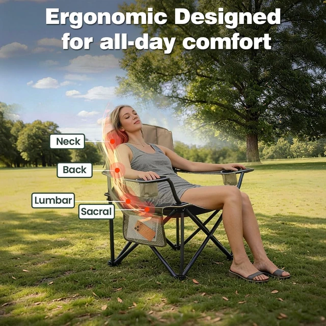 Alt view image 3 of 7 - Oversized Camping Chair for Adults, Heavy Duty Folding Outdoor Chair Breathable Mesh, Cup Holders, Side Pocket, Bottle Opener, 500 LB Capacity, Portable for Beach Fishing Khaki 2PC