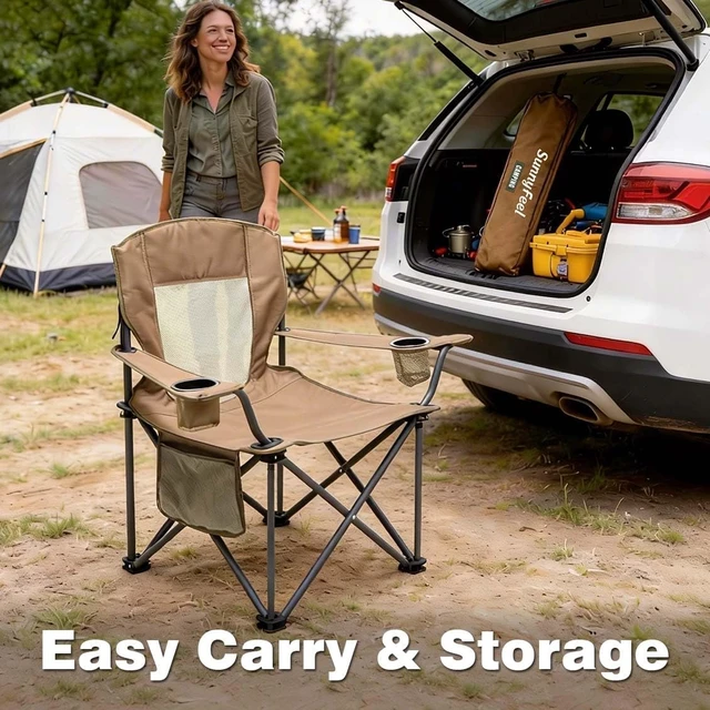 Alt view image 6 of 7 - Oversized Camping Chair for Adults, Heavy Duty Folding Outdoor Chair Breathable Mesh, Cup Holders, Side Pocket, Bottle Opener, 500 LB Capacity, Portable for Beach Fishing Khaki 2PC