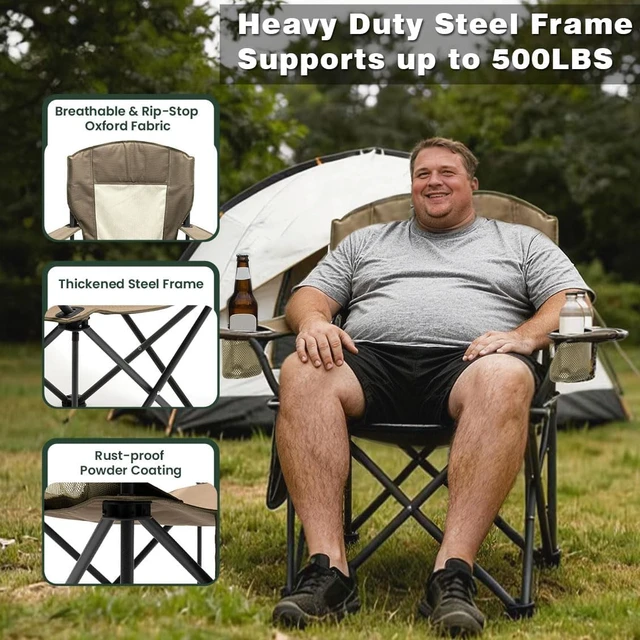 Alt view image 5 of 7 - Oversized Camping Chair for Adults, Heavy Duty Folding Outdoor Chair Breathable Mesh, Cup Holders, Side Pocket, Bottle Opener, 500 LB Capacity, Portable for Beach Fishing Khaki 2PC