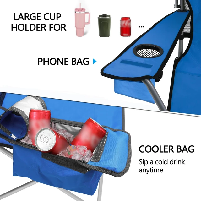 Alt view image 3 of 7 - Beach Chair with Canopy Shade, Folding Camping Chair Support to 330LBS, Outdoor Chair with Cup Holder & Cooler Bag for Travel Hiking,Fishing(Blue)