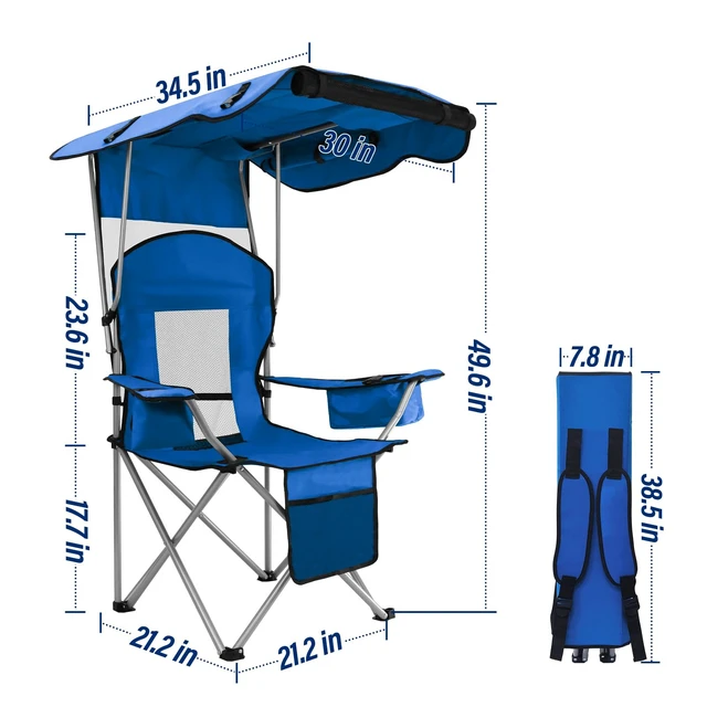 Alt view image 5 of 7 - Beach Chair with Canopy Shade, Folding Camping Chair Support to 330LBS, Outdoor Chair with Cup Holder & Cooler Bag for Travel Hiking,Fishing(Blue)