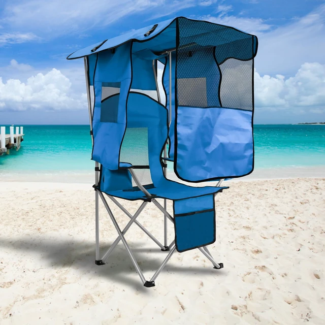 Alt view image 6 of 7 - Beach Chair with Canopy Shade, Folding Camping Chair Support to 330LBS, Outdoor Chair with Cup Holder & Cooler Bag for Travel Hiking,Fishing(Blue)