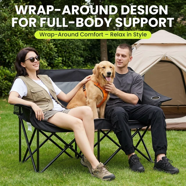 Alt view image 3 of 7 - Oversized Double Camping Chairs 2 Person Folding Loveseat,Grey | Heavy Duty Camp Couch with Cup Holders & Large Pockets Carry Bag, Portable Outdoor Lawn Chair for Sports Fishing Beach
