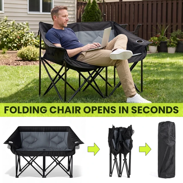 Alt view image 4 of 7 - Oversized Double Camping Chairs 2 Person Folding Loveseat,Grey | Heavy Duty Camp Couch with Cup Holders & Large Pockets Carry Bag, Portable Outdoor Lawn Chair for Sports Fishing Beach
