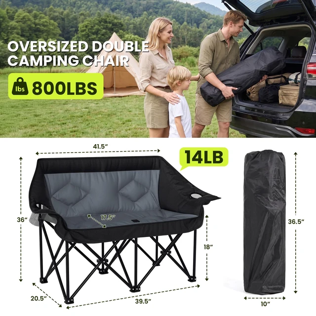 Alt view image 5 of 7 - Oversized Double Camping Chairs 2 Person Folding Loveseat,Grey | Heavy Duty Camp Couch with Cup Holders & Large Pockets Carry Bag, Portable Outdoor Lawn Chair for Sports Fishing Beach