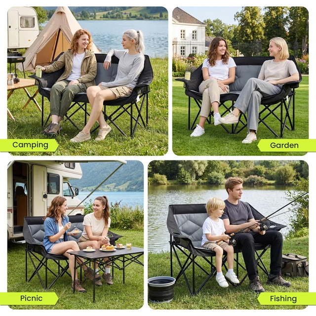 Alt view image 6 of 7 - Oversized Double Camping Chairs 2 Person Folding Loveseat,Grey | Heavy Duty Camp Couch with Cup Holders & Large Pockets Carry Bag, Portable Outdoor Lawn Chair for Sports Fishing Beach