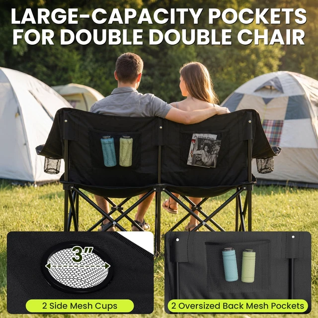 Alt view image 7 of 7 - Oversized Double Camping Chairs 2 Person Folding Loveseat,Grey | Heavy Duty Camp Couch with Cup Holders & Large Pockets Carry Bag, Portable Outdoor Lawn Chair for Sports Fishing Beach