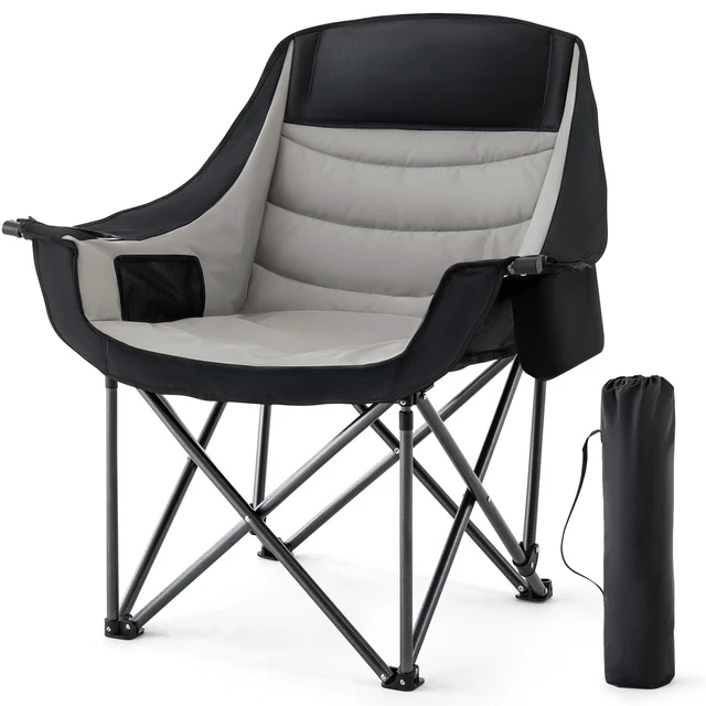 Main image of Padded Camping Chair for Adults Heavy Duty Oversized Portable Folding Camp Chair with Cup Holder Cooler Pockets 500lbs Support for Outdoor Beach Fishing Garden (Black & Light Gray)