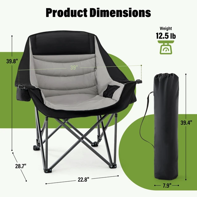 Alt view image 2 of 7 - Padded Camping Chair for Adults Heavy Duty Oversized Portable Folding Camp Chair with Cup Holder Cooler Pockets 500lbs Support for Outdoor Beach Fishing Garden (Black & Light Gray)